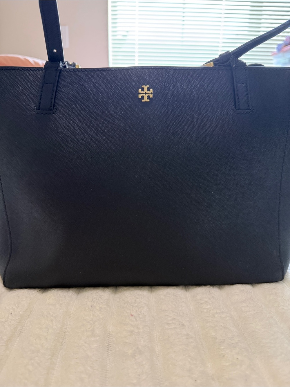Tory Burch black Saffiano Leather Tote with Gold Logo